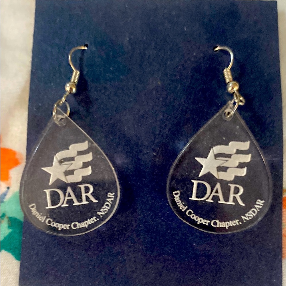 Silver Teardrop Earrings with DAR logo